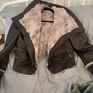 Brown suede faux fur jacket